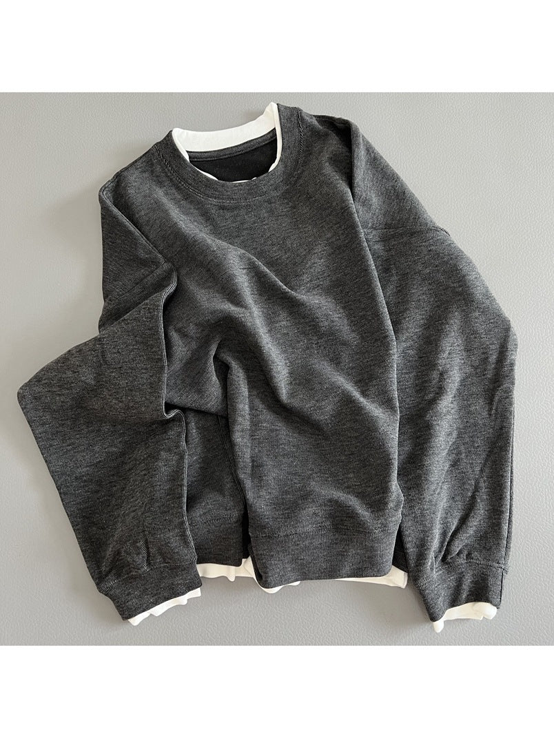 American Style Wear Retro Fake Two-Piece Stacked Sweaters Loose Pullover Long Sleeve Soft Waxy Feel Casual Autumn Women's Top