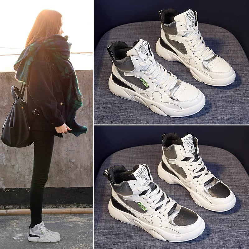 Genuine Leather High-Top Sneakers for Women 2025 Spring White Shoes for Women Korean Style Breathable Casual Sports Sneakers for Women Comfortable