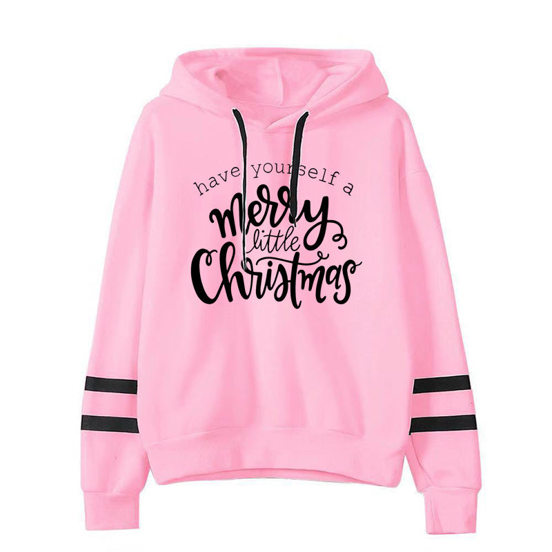 Have Yourself A Merry Happy Printed Parallel Bars Hooded Sweatshirt Autumn and Winter European and American Men's and Women's Top