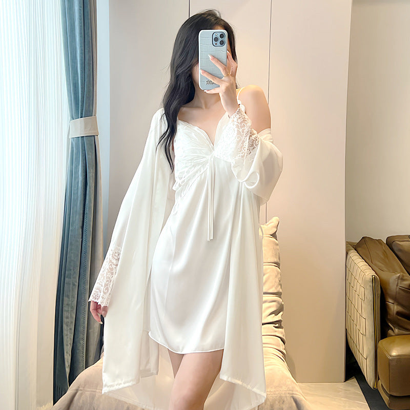 Pajamas Women's Summer Ice Silk Pure Sexy Lace Sling Nightgown Nightgown with Chest Pad Thin Home Clothes Two-piece Set