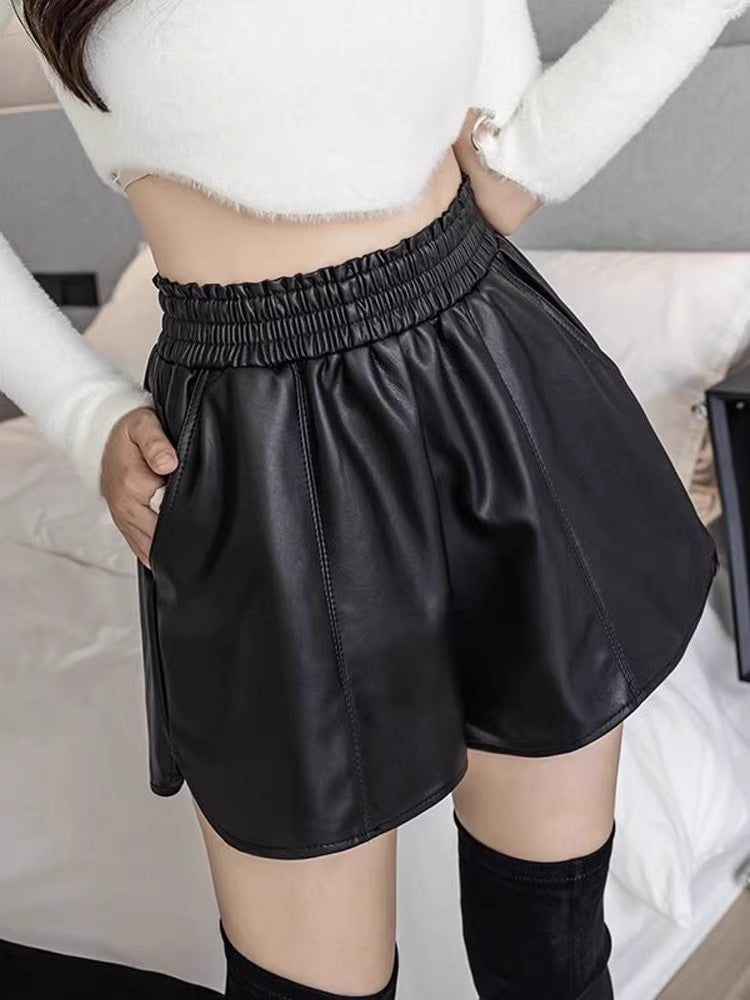 Casual Leather Shorts Women's Spring and Autumn Outwear Korean Style Short-fit High Waist Wide-leg Leather Pants Base Boot Pants