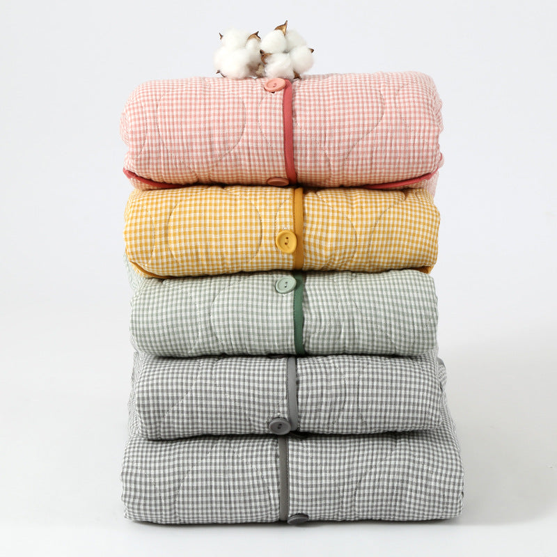 Autumn and Winter new Japanese style simple plaid double-layer gauze quilted men and women couple pajamas home thickened cotton-padded jacket suit