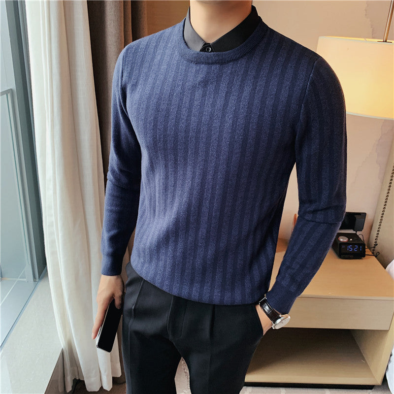 Fake Two-piece Sweater 2022 Autumn Men's Textured Striped Shirt Collar Sweater Pullover Stretch Casual Sweater for Men