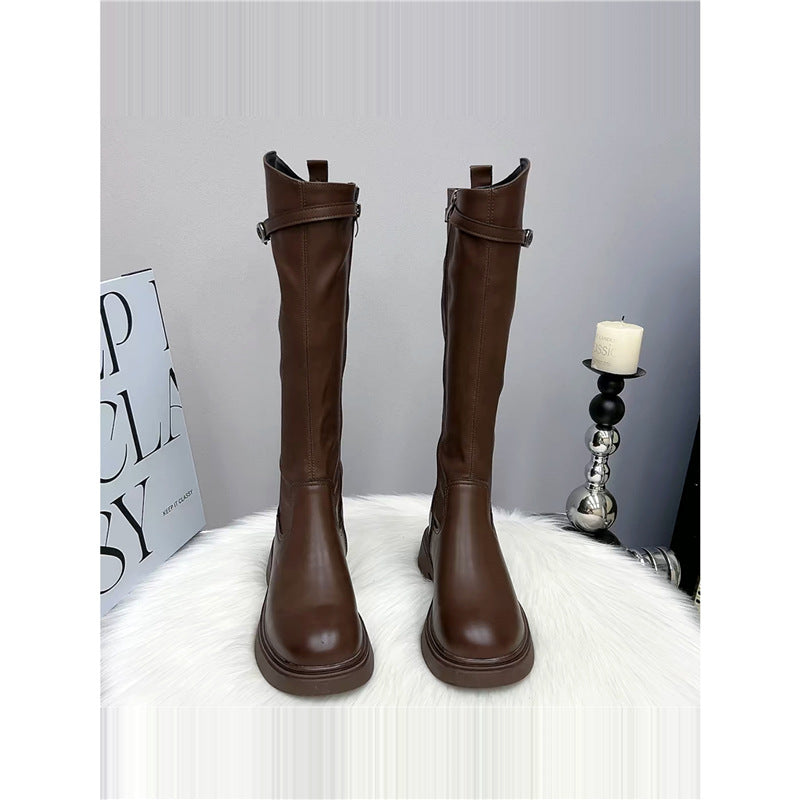Genuine Leather Thick-Soled Boots for Women 2025 Autumn and Winter New V-Mouth High Knight Boots for Small People but No More Than Knee Boots for Women