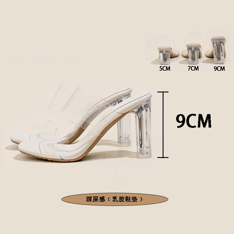 Transparent Crystal High-Heeled Sandals for Women, Summer 2026 New Style, One-Strap Square-Toe Outdoor High Heels