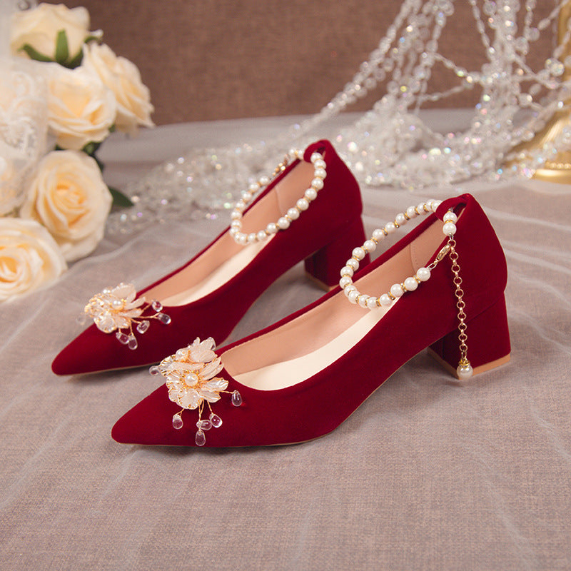 Wedding Shoes Women's Thick Heel New Bridal Shoes Red Xiuhe Dress Wedding Dress Two-Wear Not Tired Feet Middle Heel Wedding Heels