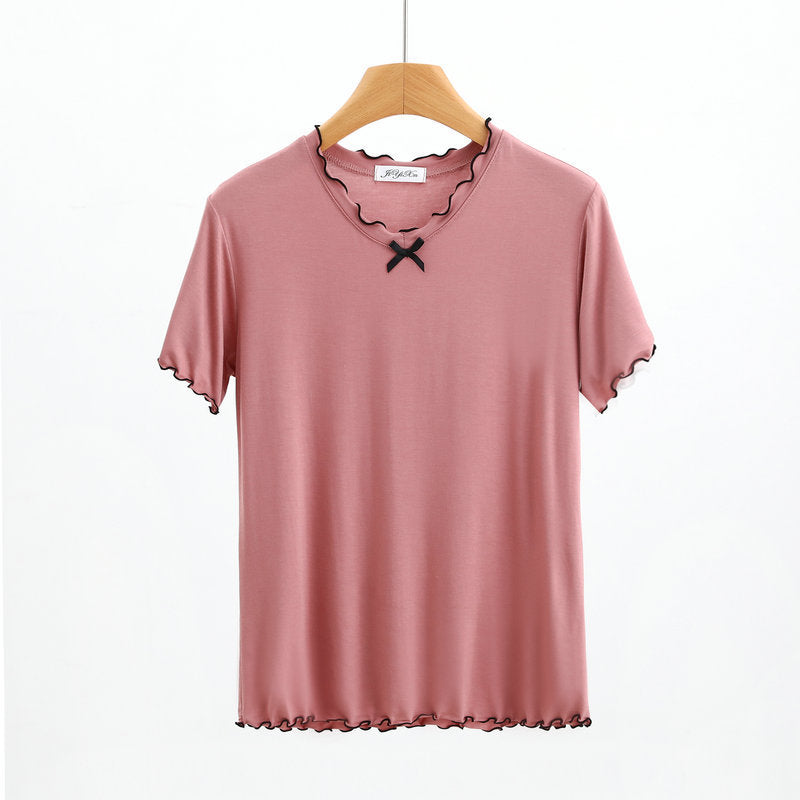 Spring and Summer 2023 New Modal Cotton Pajamas Women's Summer Short-sleeved Flex V-neck Bow Thin Age-reducing Top
