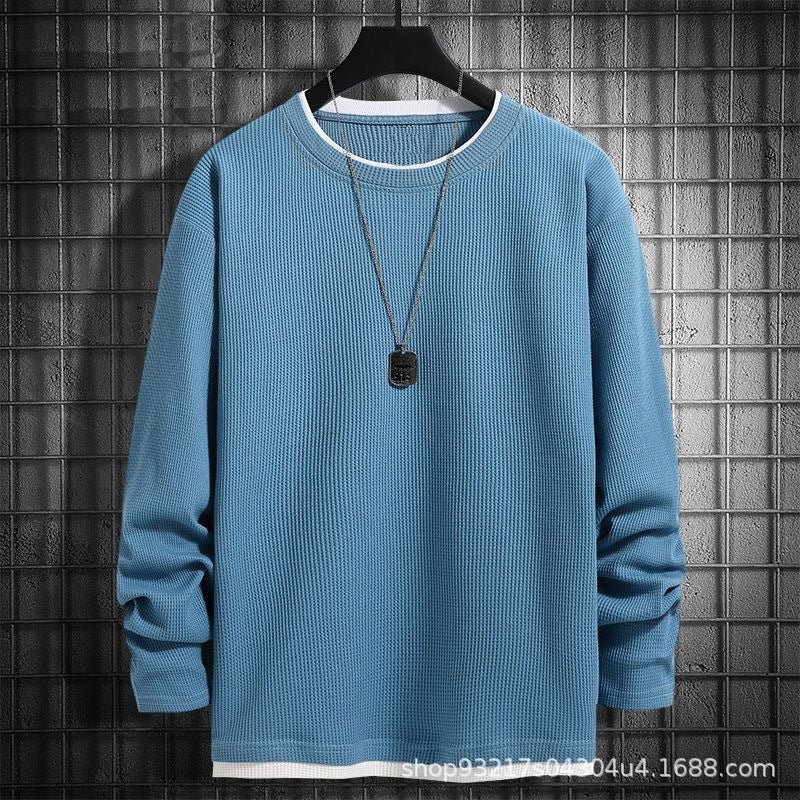 Waffles Sweaters Men's Long-sleeved Spring and Autumn Fake Two-piece Loose All-match Casual Round Neck Base Autumn Men's Top
