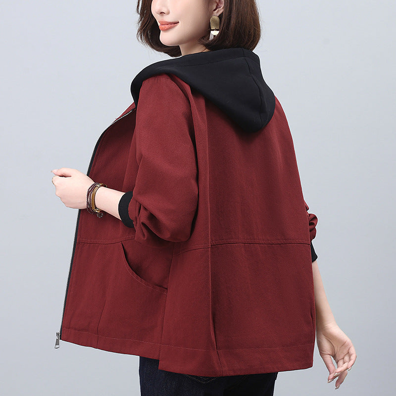Hooded Jacket for Petite Women, Versatile for Plus-Size, Slimming for Middle-Aged Moms, Casual Cardigan Sweatshirt, Plus-Size Women's Clothing