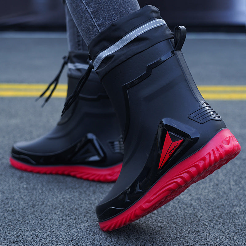 Men's Rain Boots with Cuffs, New Waterproof Shoes, Outdoor Drawstring Boots, Kitchen Non-Slip Work Rubber Shoes, Fleece-Lined Warm Rain Boots