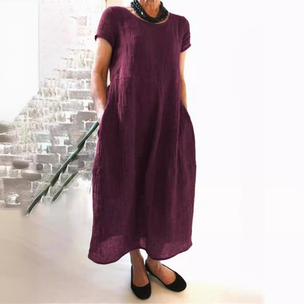 cross-border European and American dress new Chinese style loose solid color large size cotton and linen dress