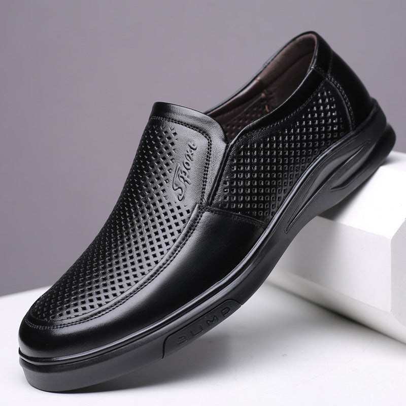 Leather Shoes for Men 2024 Summer Breathable Cut Out Sandals for Men Genuine Leather Middle-Aged and Elderly Casual Shoes Soft Sole Non-Slip Dad Shoes