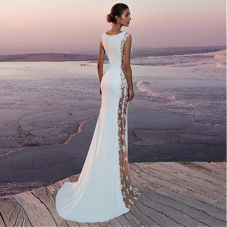 Cross-border European and American Evening Dress Lace Stitching Super Long Dress Vacation Sexy Hollow Female Amazon Factory
