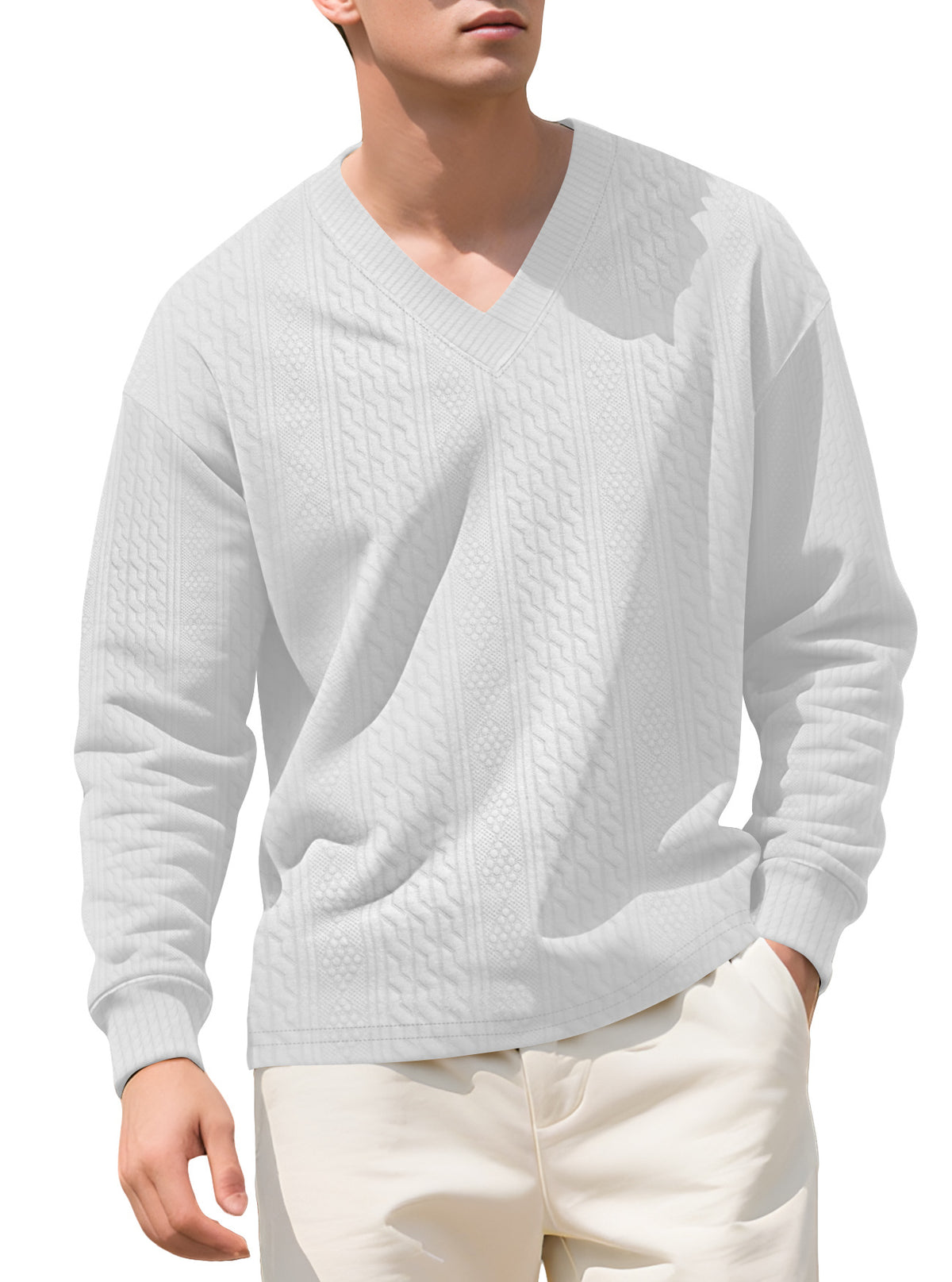 Amazon Cross-Border European and American Spring and Autumn Men's Jacquard Solid Color Base Shirt Loose Casual V-Neck Long-Sleeve Knit Sweater for Men
