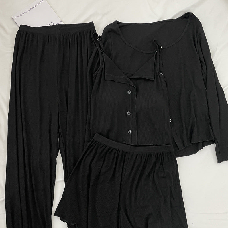 Modal Cotton Pajamas Women's Spring and Autumn Four-piece Suit Sling Trousers with Chest Pad Outfit Summer Home Clothes
