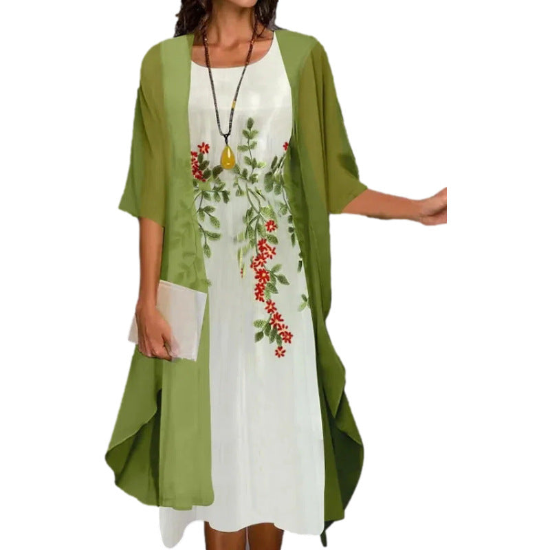 European and American Amazon Summer Women's Casual dress Two-Piece Flower-Print Round Neck Slim-Fit Dress Women