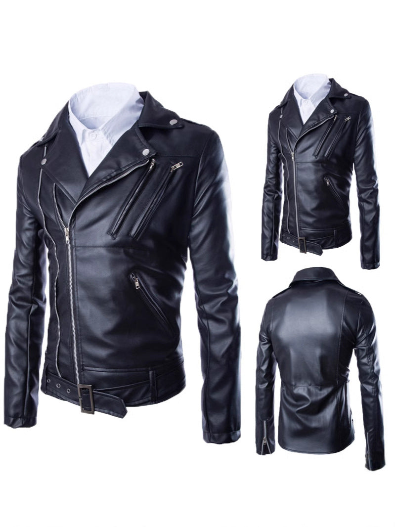 Autumn and Winter Leather Men's New Leather Jacket Coat Men's Korean Style Vertical Collar Slim Fit PU Leather Top Trendy Men's Coat