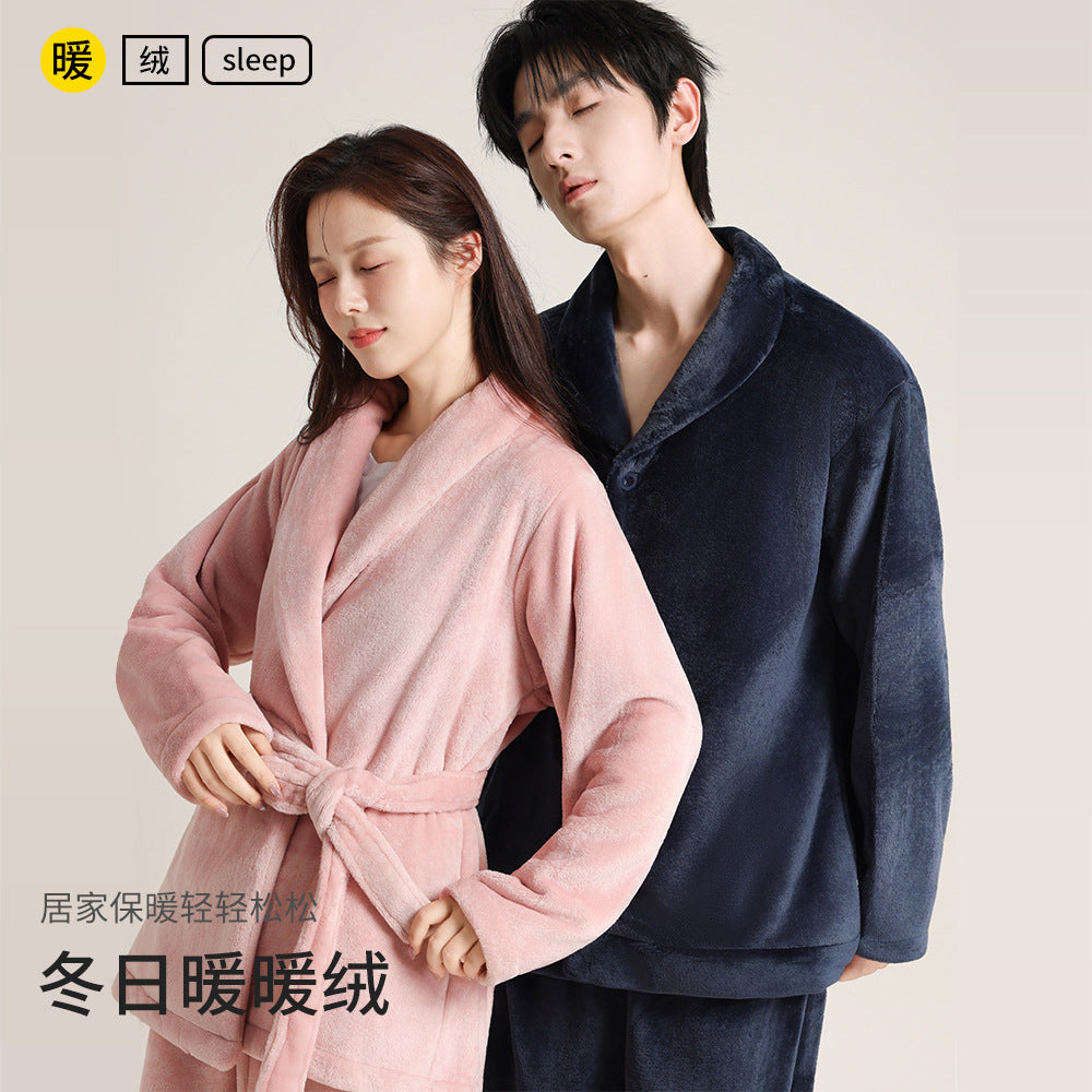 Couple's Autumn and Winter Thickened Pajamas with Green Fruit Collar, Simple and Luxurious Men's and Women's Cardigans, Double-Sided Velvet Warm Home Clothes Two-Piece Set