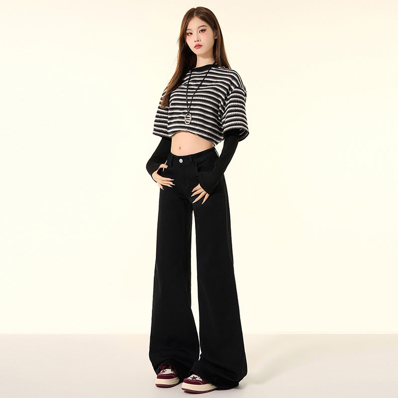 Black Cow Retro Light Blue Jeans for Women Spring 2025 High-Waisted Casual Wide-Leg Pants with Drape and Slimming Effect Long Pants