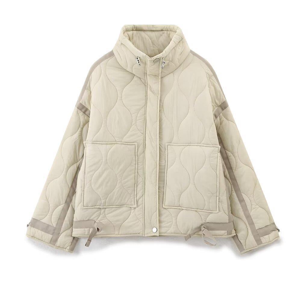 Cross-Border Women's Winter New European and American Style Street Fashion Casual Stand-Up Collar Large Pocket Cotton Jacket