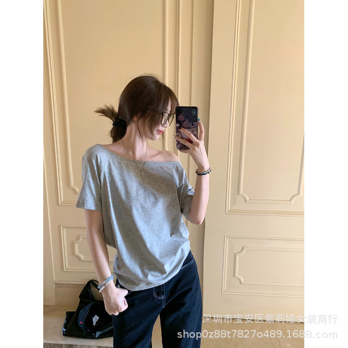 Designed Off-Shoulder Gray Short-Sleeved T-Shirt for Women, Loose Casual Simple Sloping Shoulder Black Top