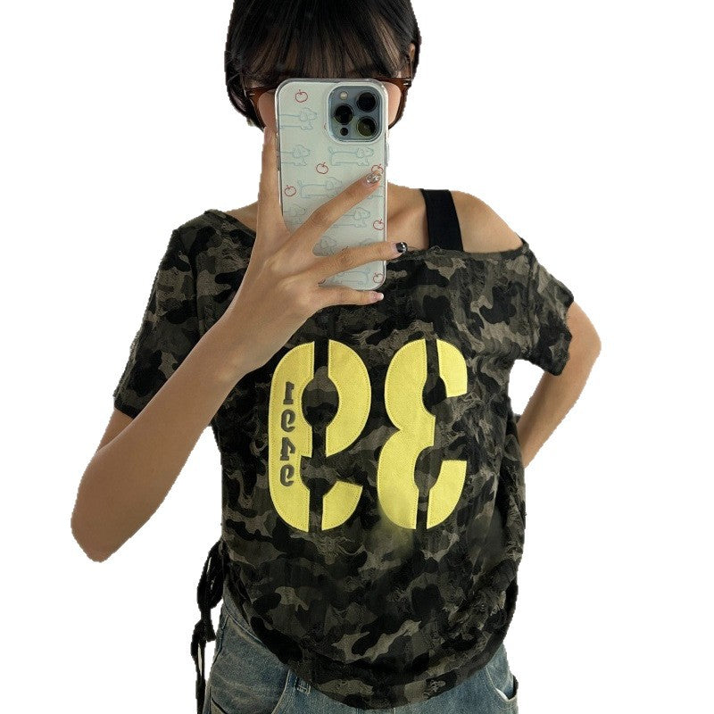 Short-Sleeved Off-Shoulder T-Shirt for Women, American Style 2026 Retro Camouflage Design, Trendy Loose Fit, Versatile and Slimming, Popular on Instagram
