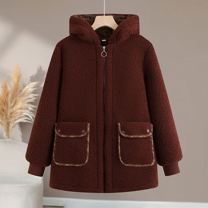 Middle-aged and Elderly Women's fleece-lined Cotton-padded Jacket Grandma Thickened Cotton-padded Jacket Women's Hooded Grain Velvet Warm Cotton-padded Jacket