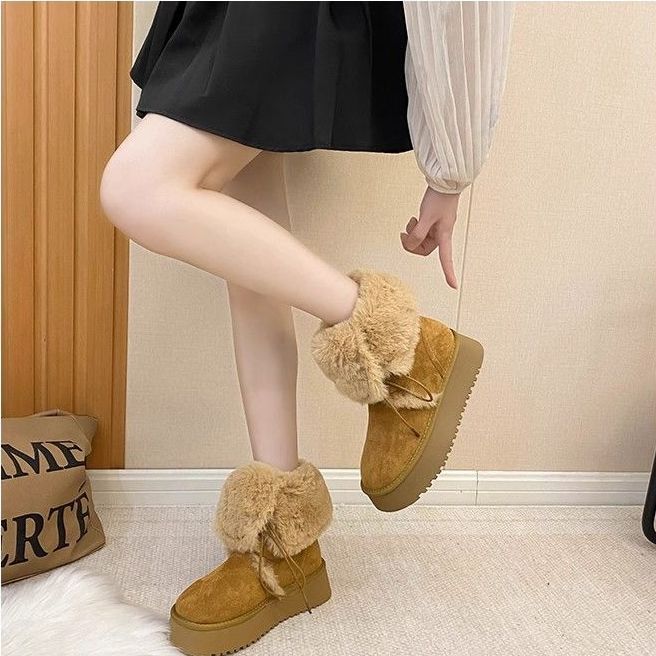 Lace-Up Two-Wear Snow Boots for Women 2025 Winter New Thick-Soled Mid-Calf Fur Integrated Fleece-Lined Thickeneded Cotton Boots