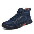 Cross-Border Plus-Size Men's Pu Leather Boots, Men's Fashion Handmade Stitched Ankle Boots, Flat Lace-Up Casual Shoes