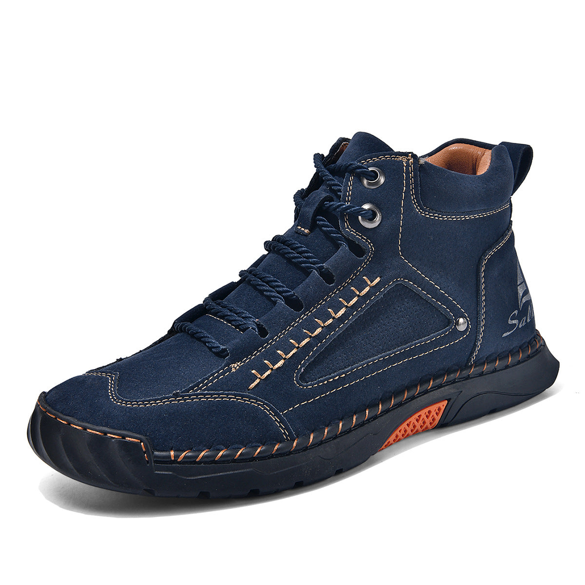 Cross-Border Plus-Size Men's Pu Leather Boots, Men's Fashion Handmade Stitched Ankle Boots, Flat Lace-Up Casual Shoes