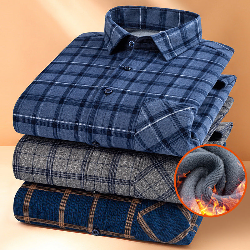 Carefully Selected Factory Goods, Velvet and Thickeneded Brushed Plaid Shirts, Men's Long-Sleeved Trendyy Shirts, Warm Tops for Young and Middle-Aged People in Autumn and Winter