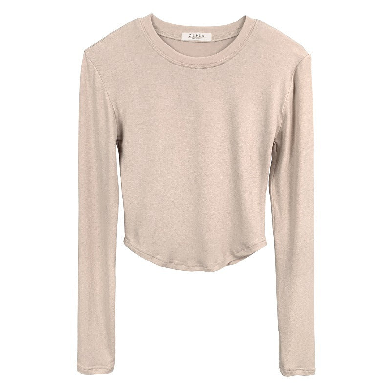 South Korea Dongdaemun round neck sexy hot girl waist tight solid color slimming short all-match long sleeve T-shirt top for women
