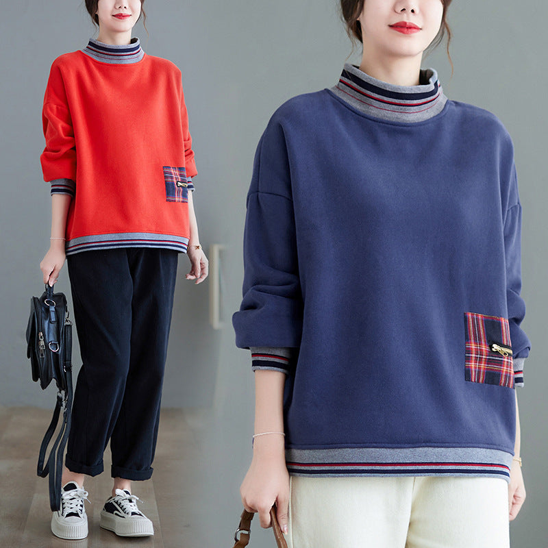 New 2023 Winter new cotton patch turtleneck sweater women's fleece-lined warm loose pullover top