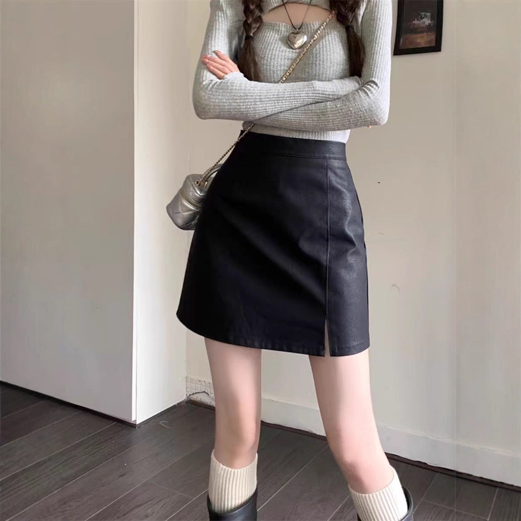 Pu Leather Skirt Women's Autum K-Style 2025 New Black Sexy High-Waist Slim A-Line Short Skirt Hip-Covering Skirt