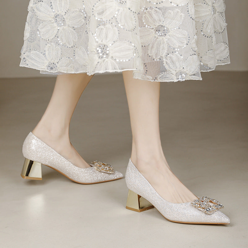 High Heels Women's Chunky Heel 2025 Spring and Summer New Pointed Mid-Heel Shoes Fashionable Breathable Water Diamond Buckle Wedding Shoes plus size