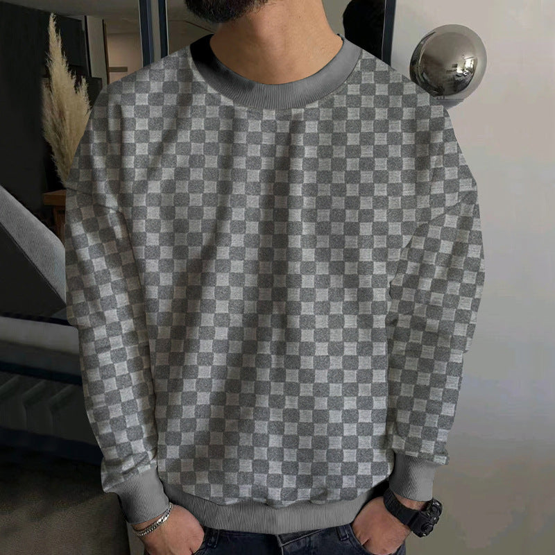 Cross-Border Men's Autumn and Winter Heavy Jacquard Checkerboard European and American Round Neck Casual Bottoming Shirt Men's Knitted Long-Sleeved Sweatshirt Men