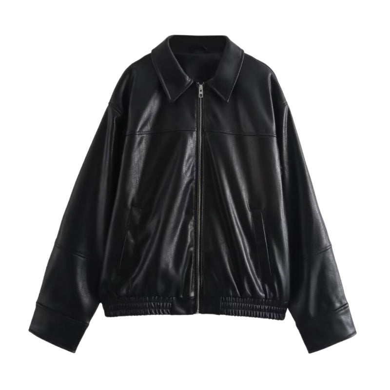 Aliexpress Wholesale Autumn New Women's Clothing Versatile Lapel Zipper Long Sleeve Pocket Textured Leather Jacket