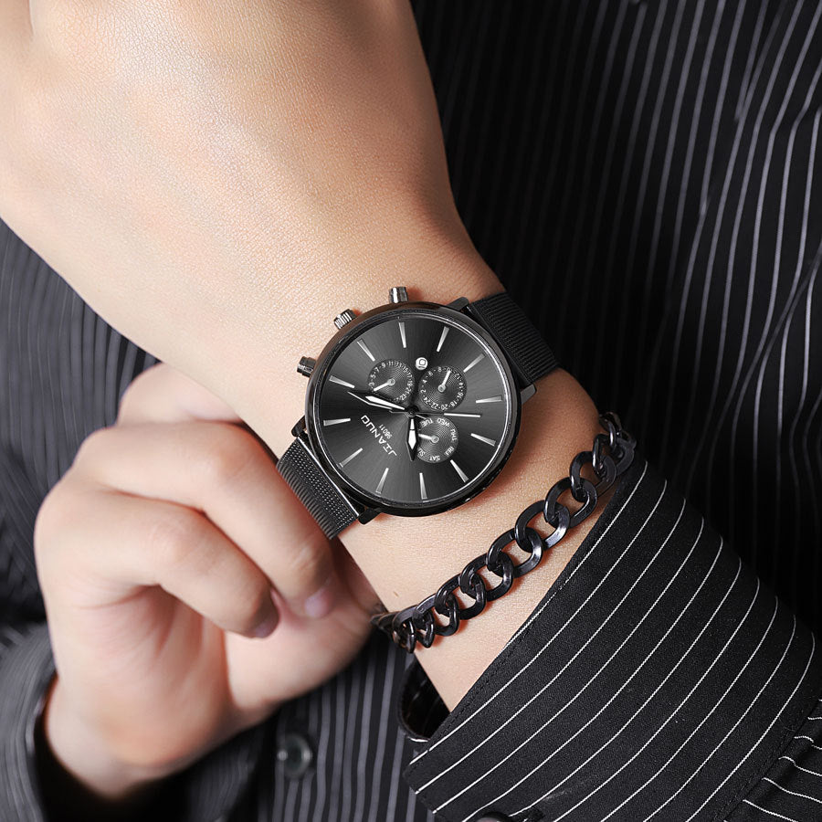 Korean Fashion Men's Mesh Band Watch Fashion Calendar Quartz Watch Business Casual Business Men's Cool Blue Watch