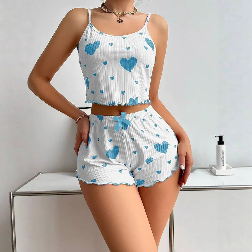 New Cross-Border Women's Heart Pajamas Two-Piece Set Hot Style Pajamas Two-Piece Set Sexy Slim Women's Pajamas