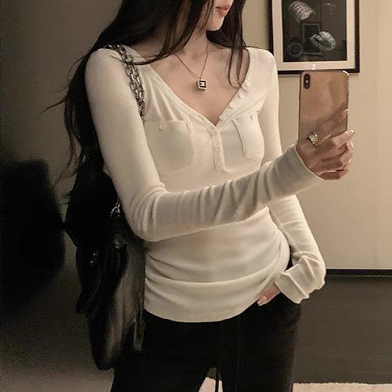 Elegant Single-Breasted V-Waist Slimming Look Threaded Versatile Long-Sleeved T-Shirt Tops for Women