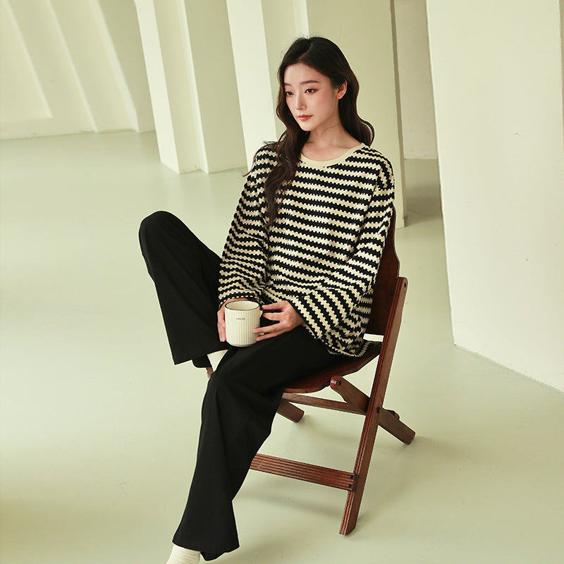 Women's Pajamas, Pure Cotton, Spring and Autumn Long-Sleeved Set, Large Size, High-End Striped Design, Can Be Worn Outside, with Chest Pads, Home Wear
