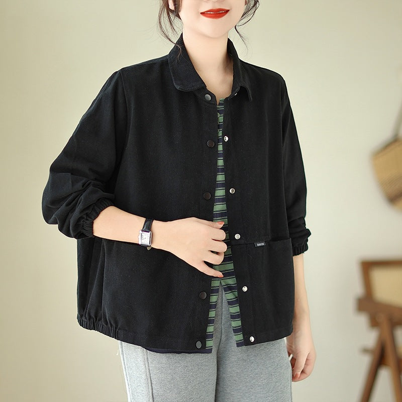 Real Shot of Cotton Jacket Women's Lapel Casual Versatile Loose Slimming Korean Style Autumn New Solid Color Long-Sleeved Jacket for Women