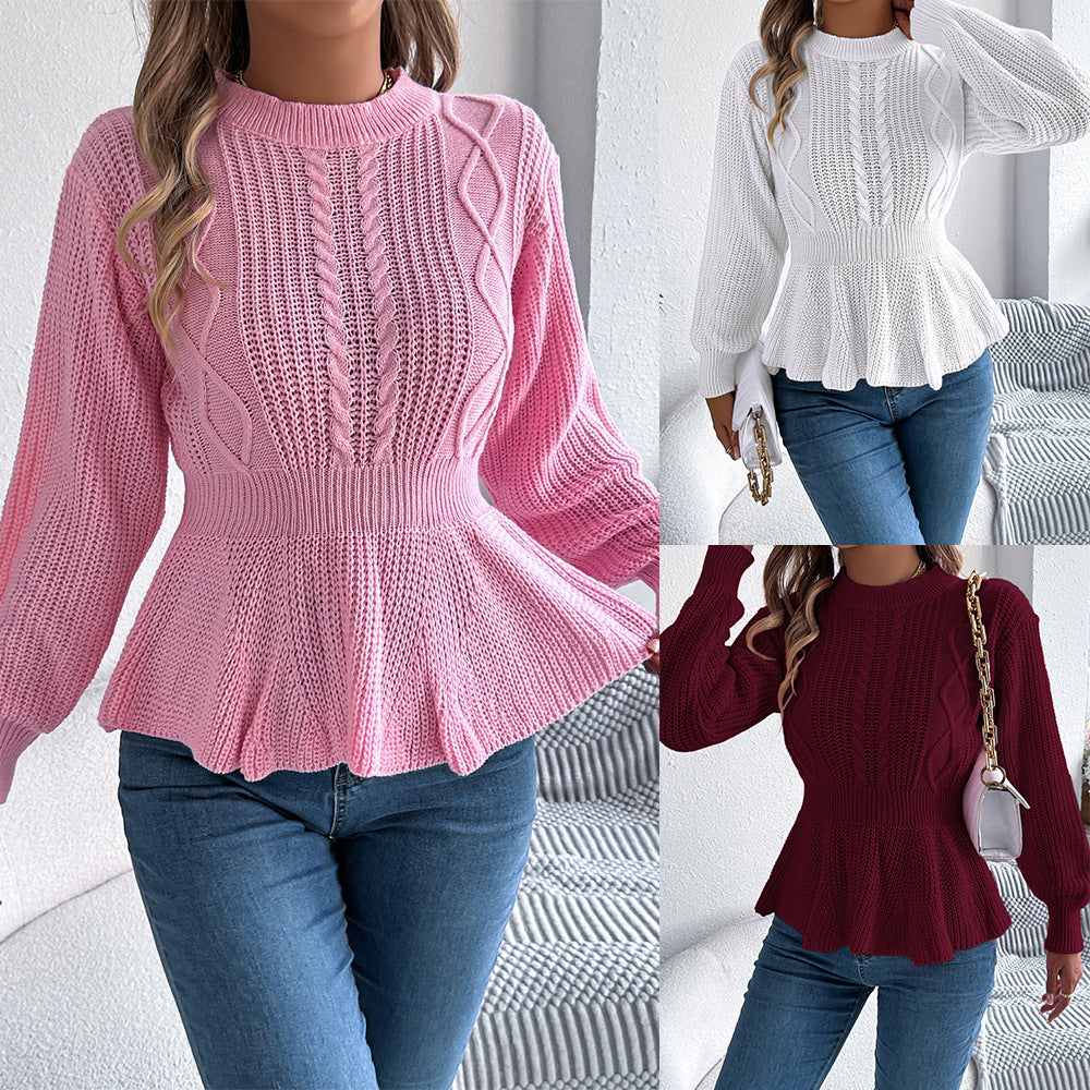 Real Shot of Autumn and Winter European and American Style Solid Color Cable Knit Waist-Cinching Ruffled Long-Sleeve Pullover Sweater, Independent Cross-Border Women's Fashion