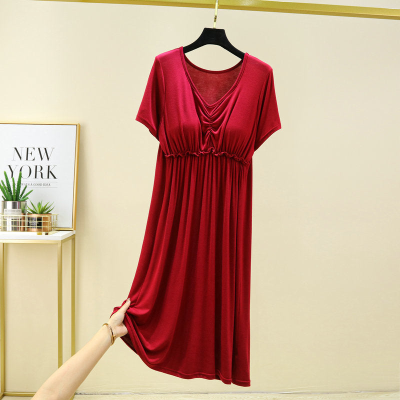 Women's Summer Thin Non-Bra Pajamas with Chest Pad Modal Loose Large Size Short Sleeve V-neck Home Dress