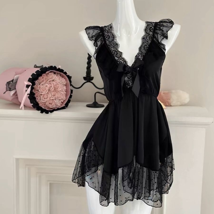 Purely Sensual Silky Slip Nightgown with Sexy Backless Lace Bow, Polka Dot Sleep Dress with a High-End Feel, Loungewear