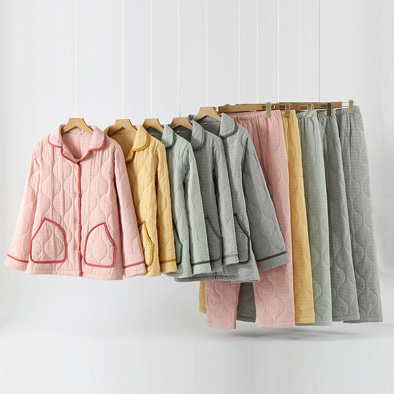 Autumn and Winter new Japanese style simple plaid double-layer gauze quilted men and women couple pajamas home thickened cotton-padded jacket suit