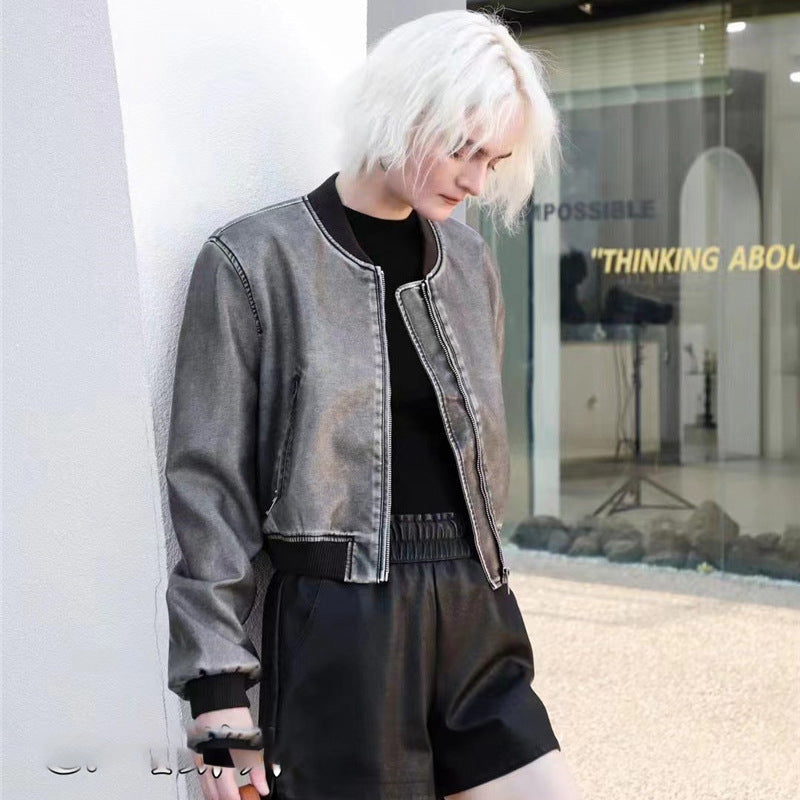 Spring and Autumn New American Style Leather Jacket Retro Style Old Faux Leather Aviator Jacket Coat Women's Round Neck Flying Suit Top