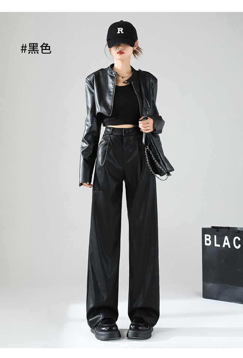Leather Pants for Women Pu American Sexy Spring & Fall New Style Personalized Fashion Matte Retro High Waist Narrow Suit Wide Leg Pants