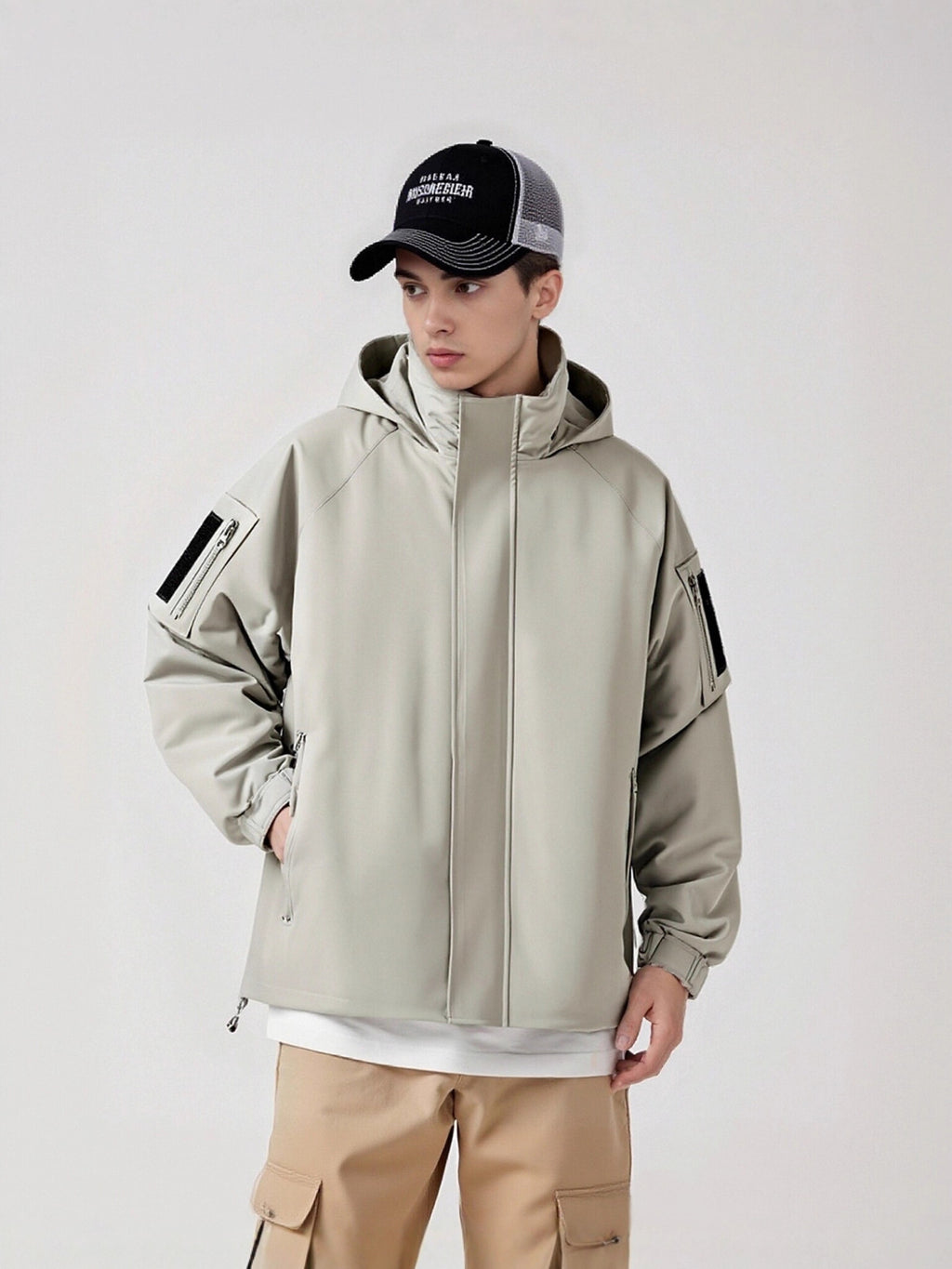 2025 Spring and Autumn New Hong Kong Style Live Broadcast Fake Two-Piece Jacket Men's Trendy Handsome Ins Hooded Windbreaker Jacket Men