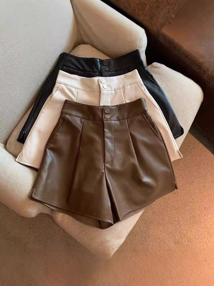 Leather Shorts Women's Autumn and Winter Outer Wear 2024 New High Waist Leather Pants plus size Wide Leg Slim Loose Base Boots Pants
